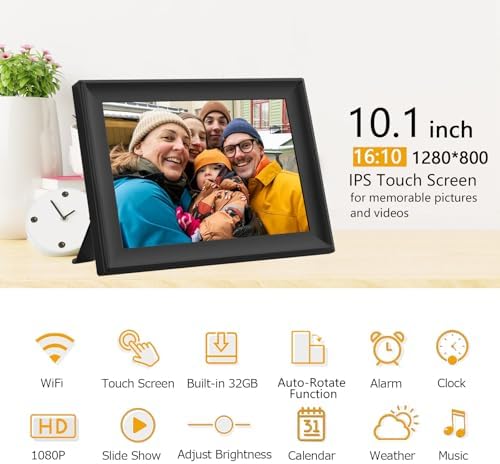AKImart 10.1 inch smart photo frame showcasing smartphone app photo sharing feature