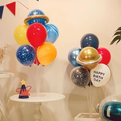 Party decoration setup with multiple balloon stands