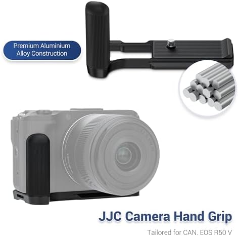 JJC camera handgrip bottom view highlighting Arca-Swiss quick release plate and cold shoe mount