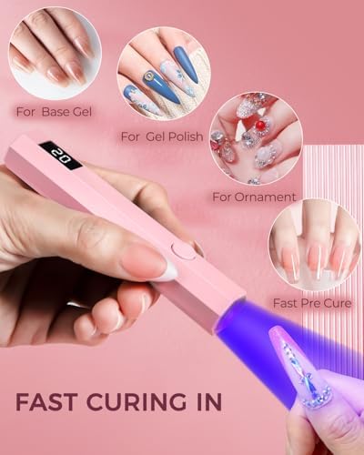 Mlogiroa pink mini UV light highlighting its portable size compared to a standard handbag package.