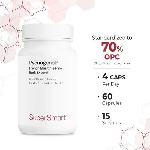 Supersmart Pycnogenol capsules showing recommended daily dosage specifications
