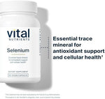 Side view of Vital Nutrients Selenium supplement bottle highlighting the vegetable capsules and purity standards.