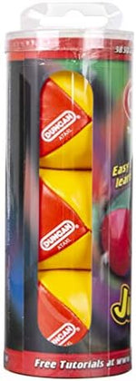 Three multicolor Duncan circus balls with 4 panel design showcasing the textured grip