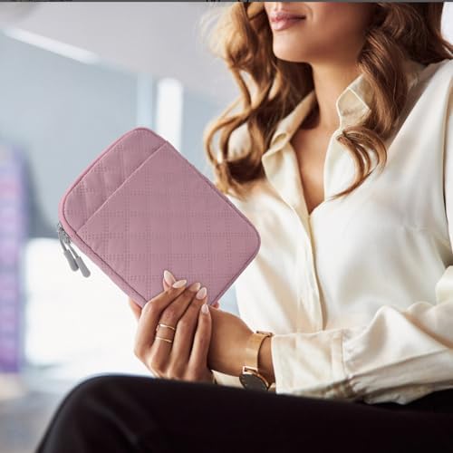 Front pocket of pink carrying pouch holding charging cables and small accessories