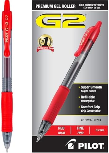 Pilot G2 red gel pen showing transparent barrel and grip