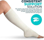 Medical grade tubular bandage being applied to a thigh for edema relief