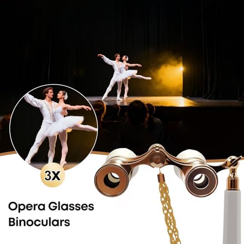 SUPRBIRD compact white cinema binoculars displaying the attached matching gold necklace chain