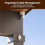 Complete packaging contents layout including the twenty foot flat cord, power brick, connectors, and mounting clips.