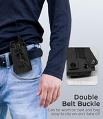 Wrumava black tactical walkie talkie case mounted securely onto a tactical backpack webbing.