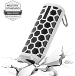 Grey silicone sleeve protector for wireless Bluetooth speaker with attached metal carabiner.