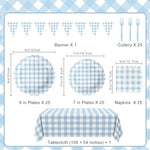 Close up of scalloped edge blue gingham paper plates
