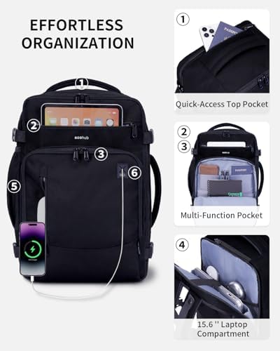 ECOHUB 17" Small Travel Backpack, United Airlines Personal Item Bag 17x10x9 with 16 Pockets, Water Resistant Rucksacks Fit 15.6" Laptop, AirTag Pocket, Lightweight Casual Daypack, 25L, Black - Image 5