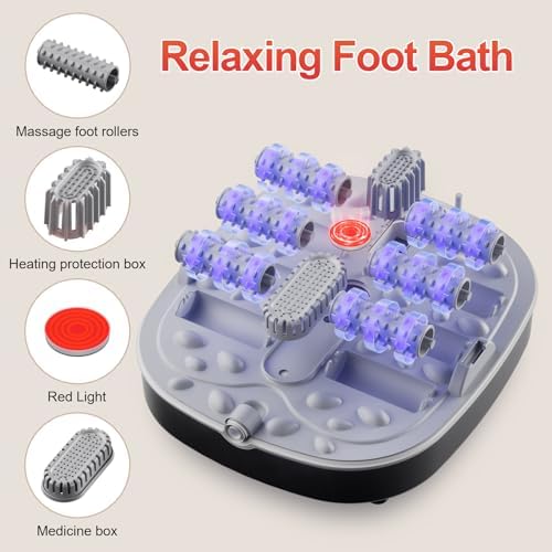 Interior view of GEHONA foot soaking tub highlighting the manual massage rollers and bubble jets