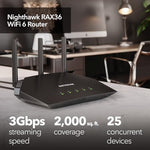 Netgear Nighthawk AX3000 dual band wireless router angled view displaying status indicator LED lights