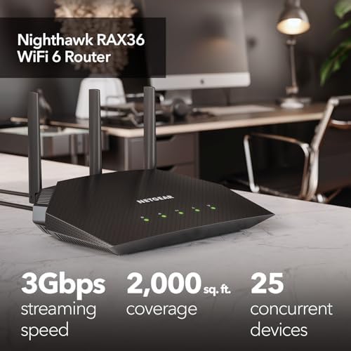 Netgear Nighthawk AX3000 dual band wireless router angled view displaying status indicator LED lights
