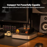 Fosi Audio MC331 hybrid tube preamp rear panel illustrating the optical coaxial RCA and USB input connectivity options.