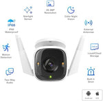 Tapo C320WS security camera angled outdoor mount demonstrating the robust white IP66 weatherproof housing construction.