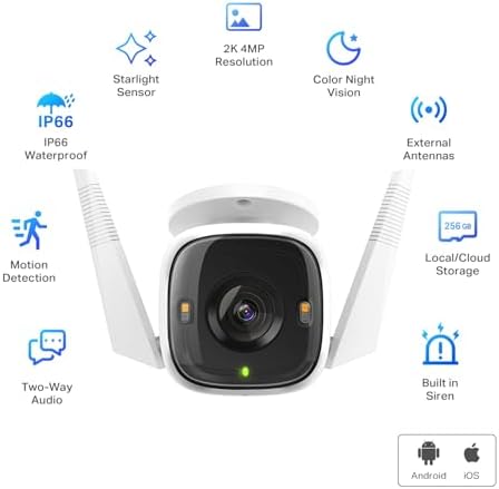 Tapo C320WS security camera angled outdoor mount demonstrating the robust white IP66 weatherproof housing construction.