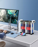 Nargos black and white media organizer showcasing universal slot dimensions