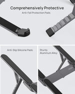 SODI bi fold traveling workspace stand holding a premium modern laptop