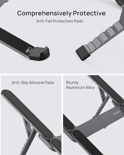 SODI bi fold traveling workspace stand holding a premium modern laptop