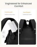 Stylized lifestyle view of the black water resistant fashion backpack being carried by a professional woman.