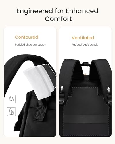 Stylized lifestyle view of the black water resistant fashion backpack being carried by a professional woman.