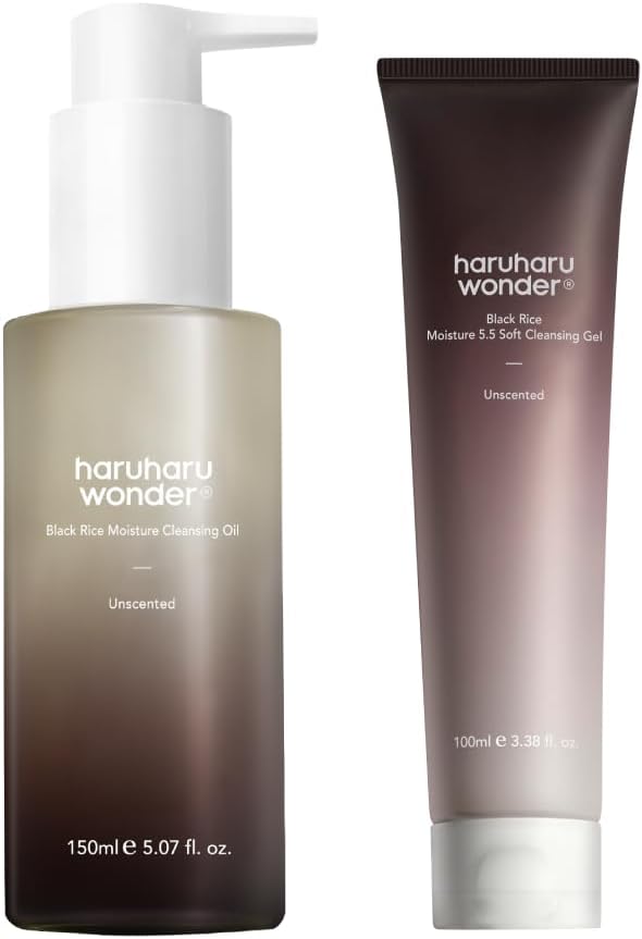 Haruharu Wonder Black Rice Double Cleansing Duo Set front view showing oil and gel bottles.