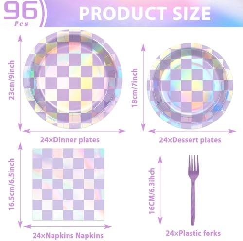 Close up of holographic purple checkered pattern on party plates