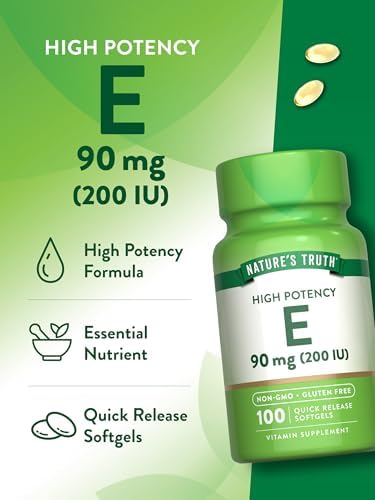 Authentic USA imported Nature's Truth Vitamin E quick release softgels clear bottle view