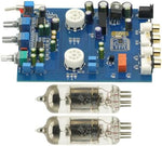 Packaging contents of the GODIYMODULES audiophile preamplifier kit including the two 6J5 tubes.