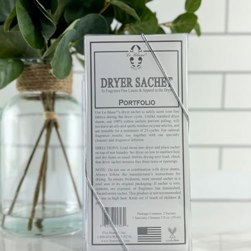 Le Blanc Portfolio luxury scented dryer sachet twin pack displayed with two fluid ounce lingerie soap