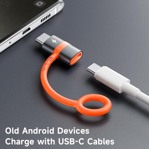 Mcdodo Type-C female to Micro USB male converter highlighting the attached protective silicone lanyard.