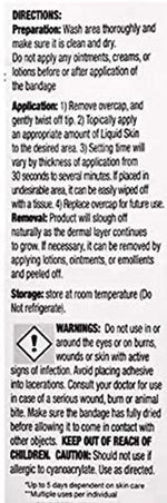 Back packaging of Chemence Liquid Skin bandage showcasing product directions and medical adhesive details.