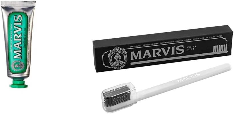 Marvis Classic Strong Mint Toothpaste and toothbrush travel kit front view premium luxury oral hygiene pack buy online