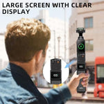 Side profile of action camera extended charging grip showing the USB-C charging interface.