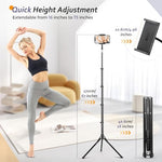 Aureday height adjustable tripod stand extended to full sixty seven inches next to a person standing.