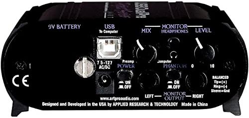 ART USB Dual Pre computer interface rear panel view showing the output connections and power configuration switches.