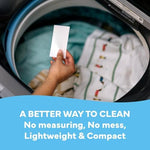 Side profile of the slim Tru Earth detergent box highlighting the sixty four load capacity.