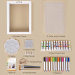 White wooden memory frame with a central family photo surrounded by colorful child handprints.
