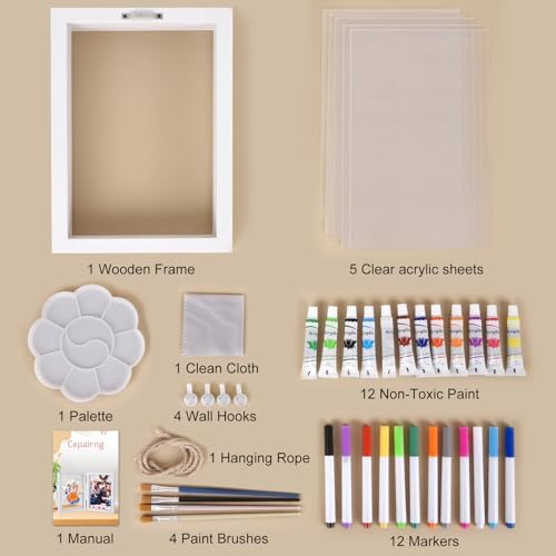 White wooden memory frame with a central family photo surrounded by colorful child handprints.