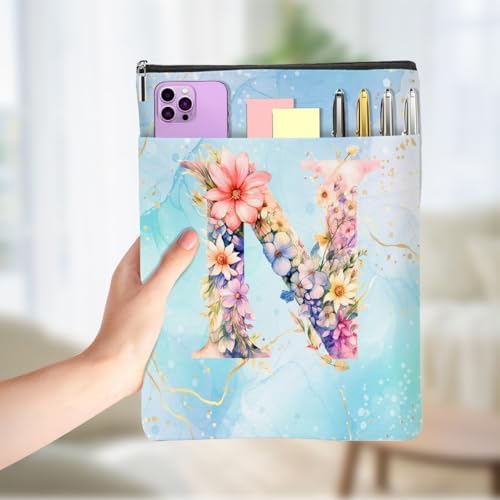 Blue floral initial N book pouch with zipper closure