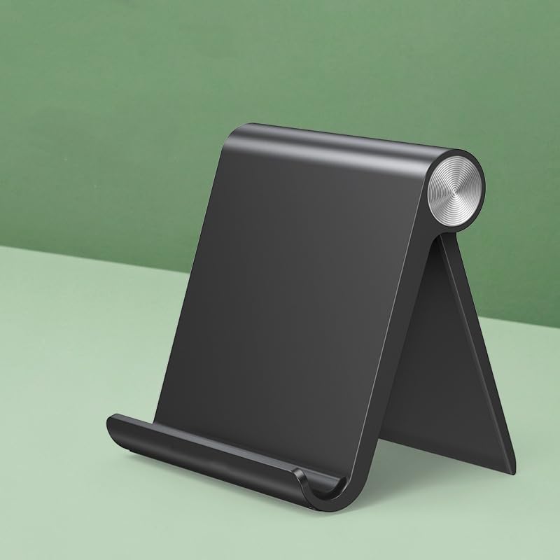 Generic adjustable foldable tablet stand front view showing black desktop holder setup