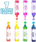 Seven vibrant colors of nontoxic washable crayons arranged side by side with their waterproof wrappers visible.