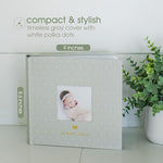 Back cover and spine view of the minimalist gray Pearhead newborn milestone tracking album.