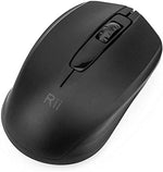 Rii high precision tracking optical mouse resting on a wooden office desk surface setup.