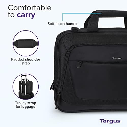 Rear view of Targus CityLite briefcase showcasing the expandable document file section and luggage trolley strap.