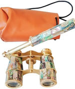 Genius Antique Handicrafts vintage binoculars displayed next to the included brown leather storage box