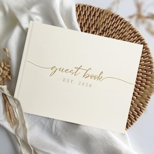 Close up of 1DOT2 linen guest book gold foil stamping