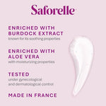 Close up of Saforelle Intensive Moisturizing bottle label highlighting Aloe Vera content.